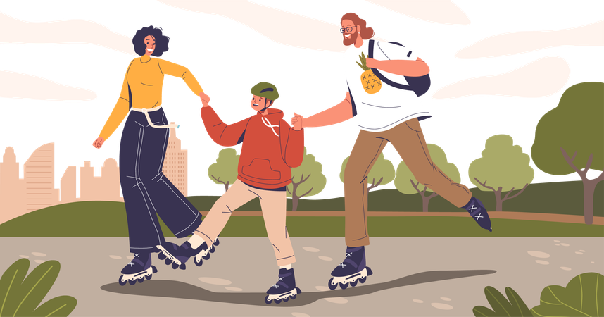 Une famille joyeuse glisse sur des patins à roulettes dans le parc d'été  Illustration