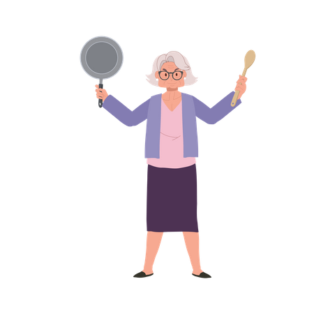 Joyful Granny Holding Pan et spatule  Illustration