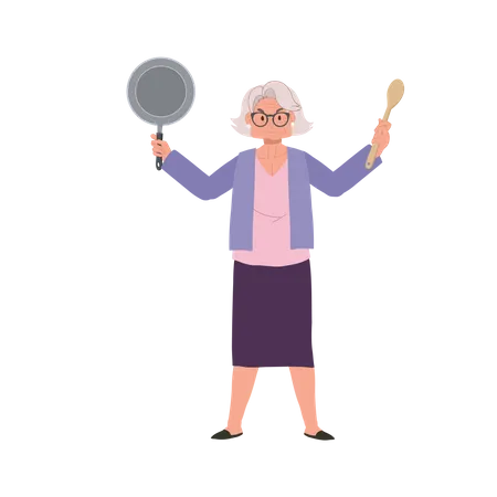 Joyful Granny Holding Pan et spatule  Illustration