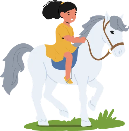 Une petite fille joyeuse monte joyeusement son cheval dans un champ d'été ensoleillé  Illustration