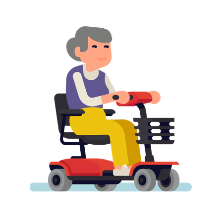 Joyeuse vieille femme chevauchant un fauteuil roulant électrique  Illustration