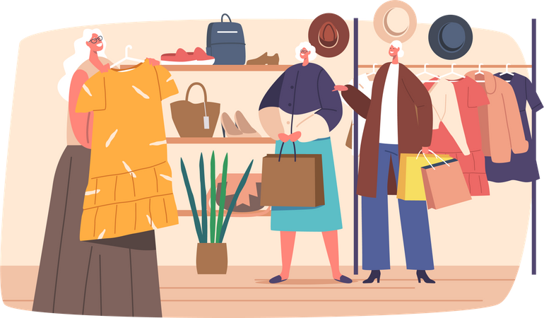 Femmes âgées joyeuses avec des sacs à provisions achetant des vêtements dans un centre commercial  Illustration