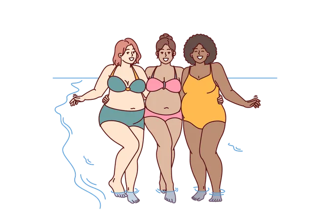 Des femmes joyeuses de grande taille vêtues d'un maillot de bain s'embrassent sur une plage ensoleillée près de l'eau de mer  Illustration