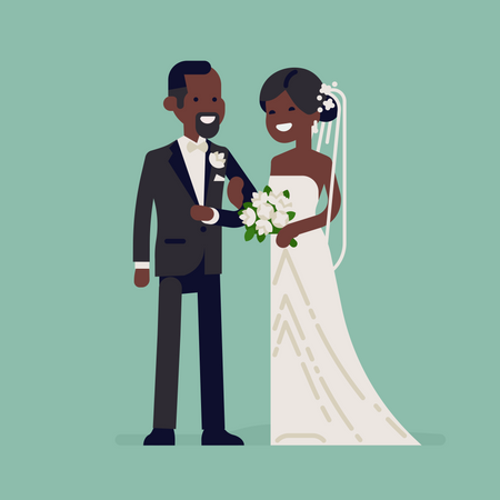 Joyeux jeunes mariés africains debout ensemble portant des robes de mariée  Illustration