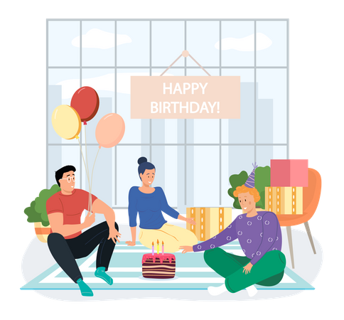 Joyeux anniversaire à la maison avec des amis  Illustration