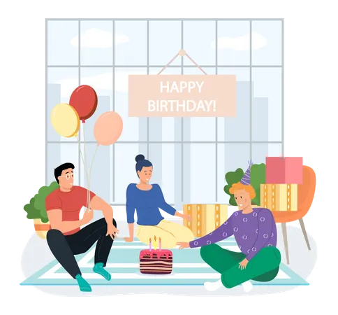 Joyeux anniversaire à la maison avec des amis  Illustration