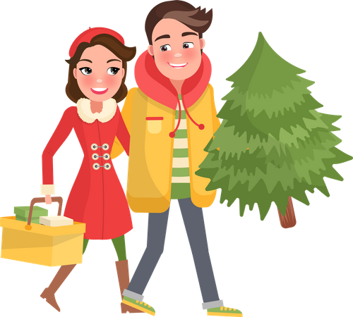 Joyeux couple revient du shopping, arbre de Noël  Illustration