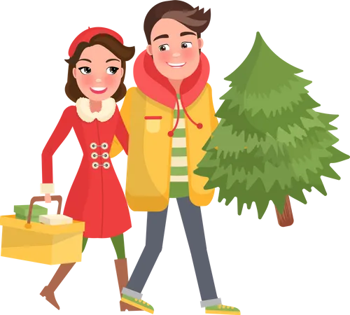 Joyeux couple revient du shopping, arbre de Noël  Illustration