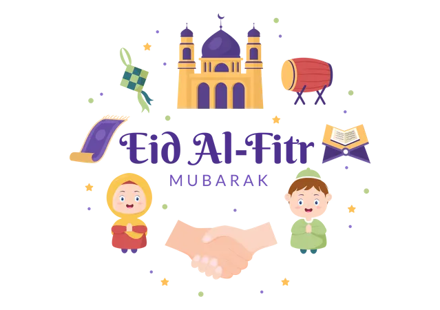 Illustration Darriere Plan De Dessin Anime Happy Eid Al Fitr Mubarak Avec Des Images De Mosquees Ketupat Bedug Et Autres Adaptees Aux Affiches Illustration