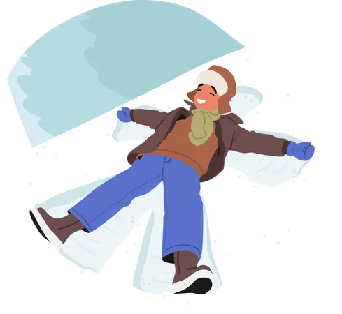 Un garçon joyeux se trouve dans la neige fraîchement tombée  Illustration