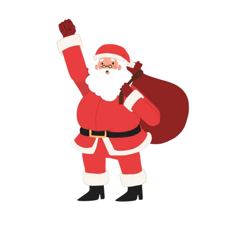 Joyeux Père Noël porte un sac de cadeaux en levant la main  Illustration