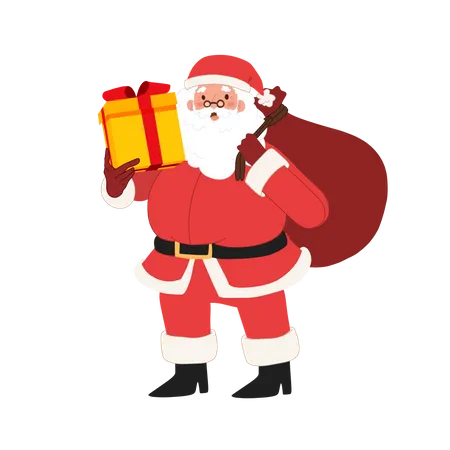 Le père Noël heureux tient une boîte-cadeau  Illustration