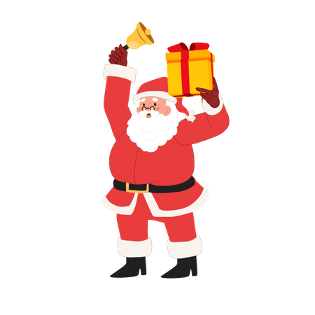 Joyeux Père Noël tient une boîte-cadeau et sonne la cloche  Illustration