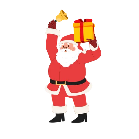 Joyeux Père Noël tient une boîte-cadeau et sonne la cloche  Illustration
