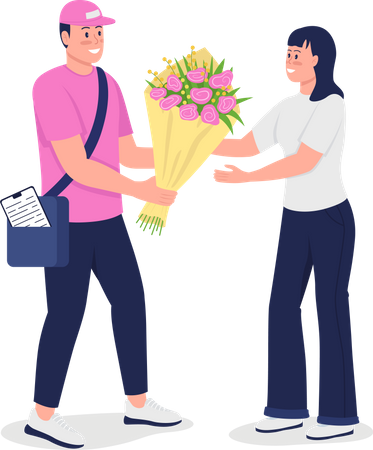 Un livreur heureux donne un bouquet à une femme  Illustration