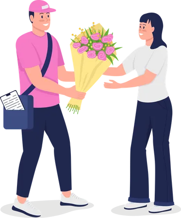 Un livreur heureux donne un bouquet à une femme  Illustration