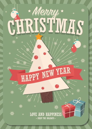Joyeux Noël carte avec arbre de Noël et coffrets cadeaux sur fond d'hiver, illustration vectorielle  Illustration