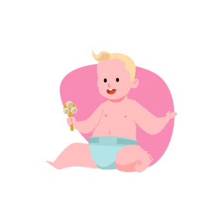 Joyeux petit garçon blond en couche tenant un hochet  Illustration