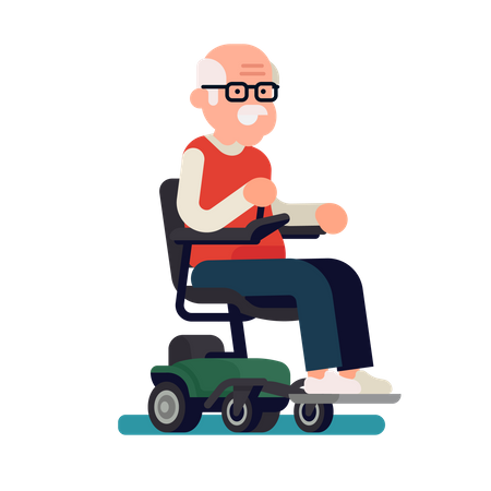 Joyeux vieil homme monté sur un fauteuil roulant électrique  Illustration