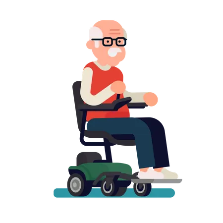 Joyeux vieil homme monté sur un fauteuil roulant électrique  Illustration
