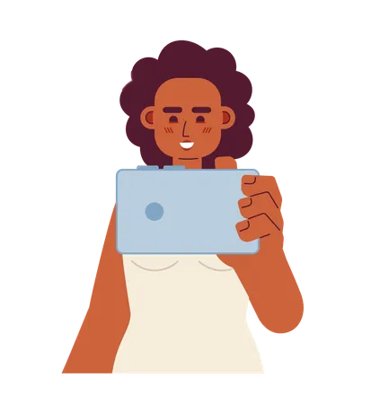 Joyful Afro Woman With Smartphone Semi Flat Color Vector Character Watching Video Attractive Female Editable Half Body Person On White Simple Cartoon Spot Illustration For Web Graphic Design イラスト