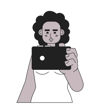 Joyful Afro Woman With Smartphone Monochromatic Flat Vector Character Watching Video Attractive Female Editable Thin Line Half Body Person On White Simple Bw Cartoon Spot Image For Web Graphic Design Illustration