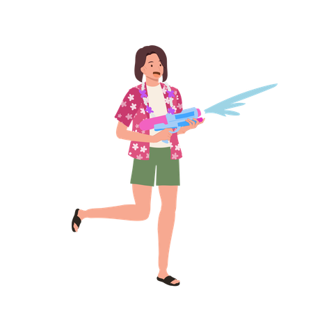 Joyful Asian Woman Enjoying Songkarn Festival Water Fight  Illustration