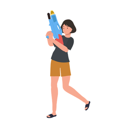 Joyful Asian Woman Enjoying Songkarn Festival Water Fight  Illustration