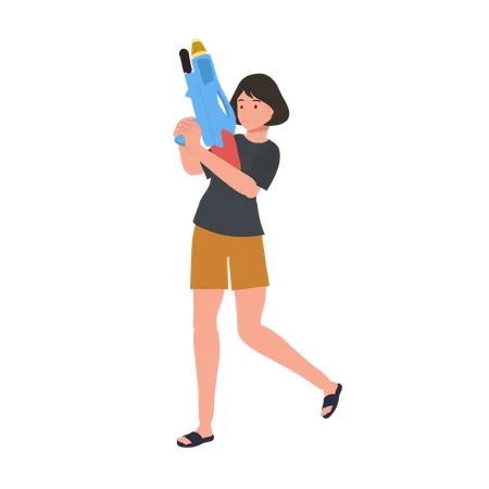 Joyful Asian Woman Enjoying Songkarn Festival Water Fight  Illustration