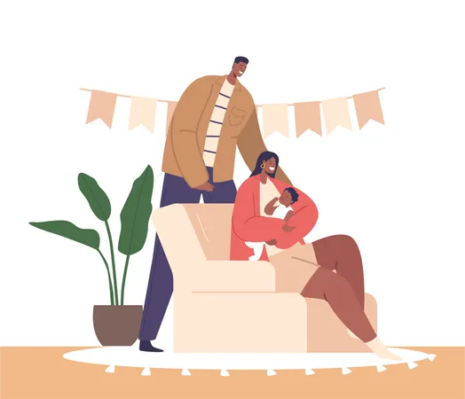 Joyful Black Couple with Newborn Baby  Illustration