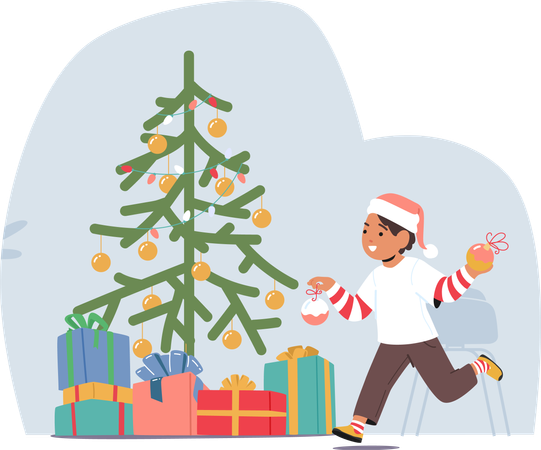 Joyful Boy Character Adorns The Christmas Tree With Colorful Ornaments  Illustration