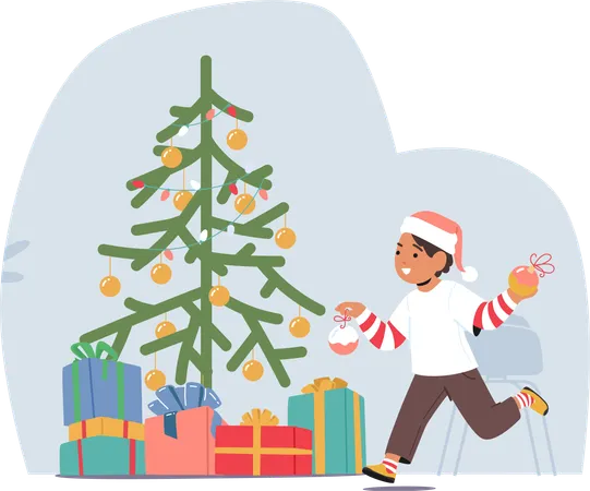 Joyful Boy Character Adorns The Christmas Tree With Colorful Ornaments His Face Illuminated By The Warm Holiday Glow Child Creating Festive And Heartwarming Scene Cartoon People Vector Illustration イラスト
