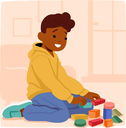 Joyful Boy Character Engrossed In Imaginative Play Manipulating Toys With Enthusiasm Fostering Creativity And Learning Through Tactile Exploration Of Wooden Block Cartoon People Vector Illustration Illustration