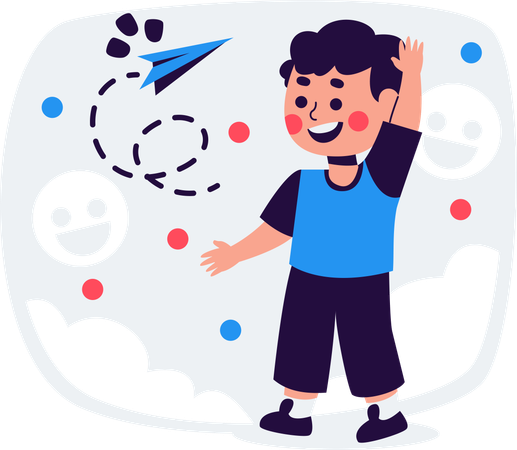 Joyful Boy Playing Paper Airplane  Illustration