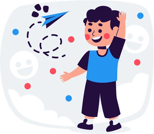 Joyful Boy Playing Paper Airplane  Illustration