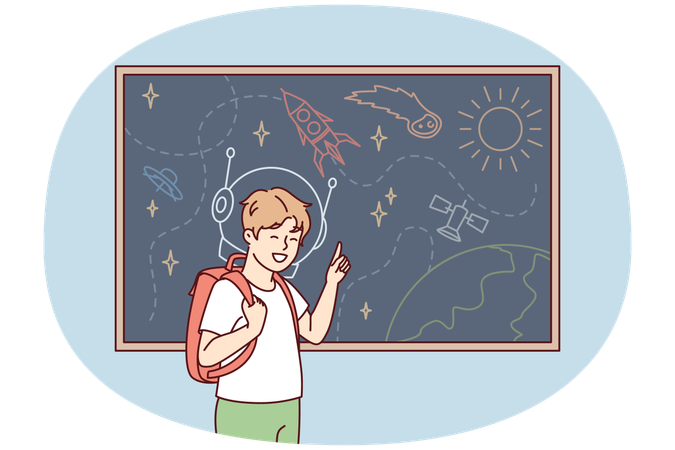 Joyful boy stands near blackboard depicting universe with spaceships and planets  Illustration