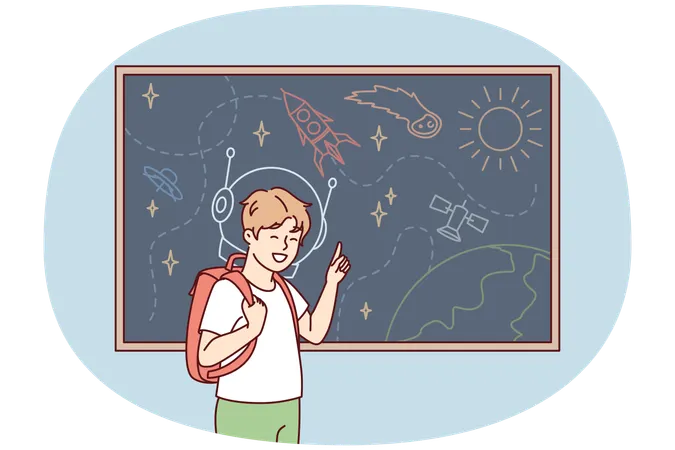 Joyful boy stands near blackboard depicting universe with spaceships and planets  Illustration