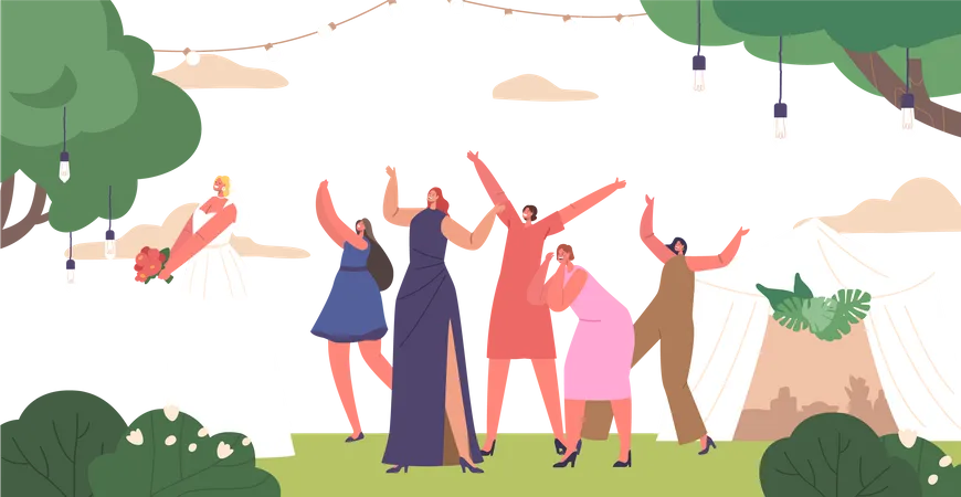 Joyful Bride Character Playfully Tosses Her Bouquet To Single Friends Symbolizing Hopes For Their Future Marriages Excitement Fills The Air As They Eagerly Compete To Catch The Coveted Bouquet Illustration