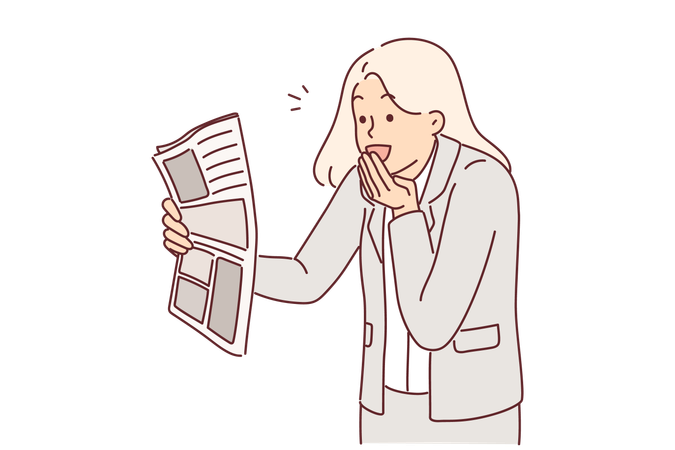 Joyful businesswoman with newspaper and surprised by good news  Illustration
