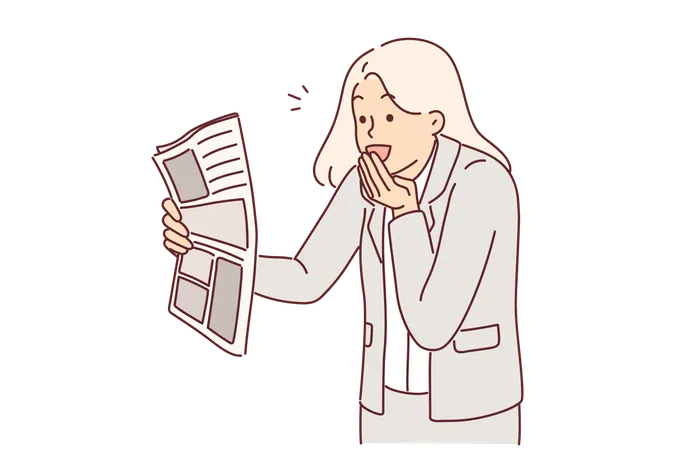 Joyful Businesswoman With Newspaper Is Surprised By Good News In Press And Says WOW Covering Mouth With Hand Good News For Woman Owner Of Business About Tax Cuts Or Grants For Entrepreneurs Illustration