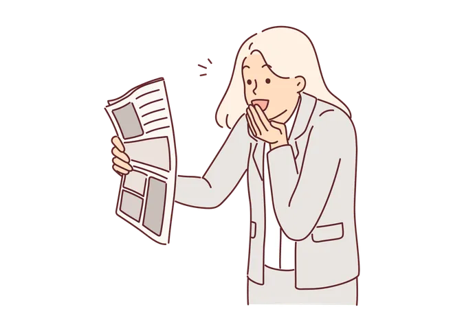 Joyful businesswoman with newspaper and surprised by good news  Illustration