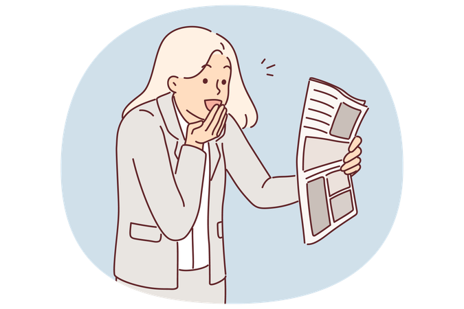 Joyful businesswoman with newspaper surprised by good news in press and says WOW covering mouth  Illustration