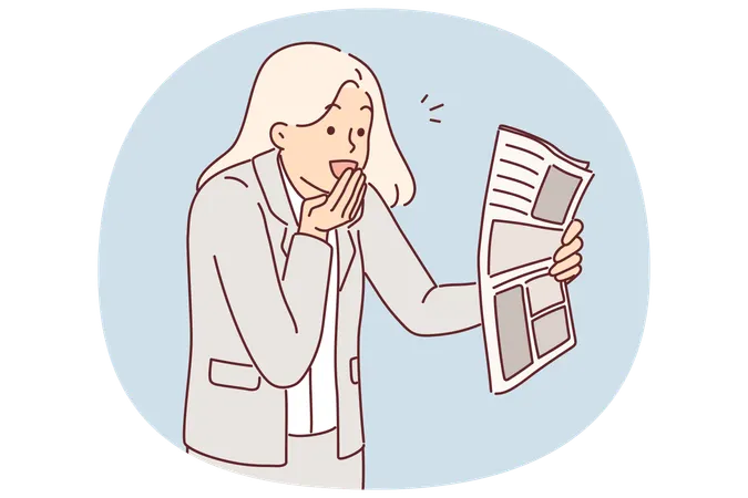 Joyful businesswoman with newspaper surprised by good news in press and says WOW covering mouth  Illustration