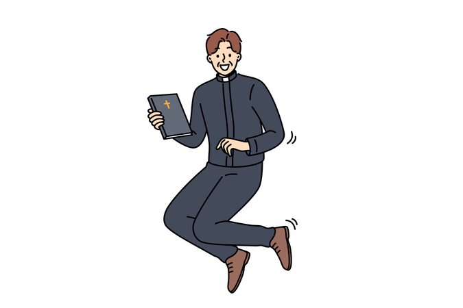 Joyful catholic priest jumps up with bible in hands and inviting you to temple for sunday worship  イラスト