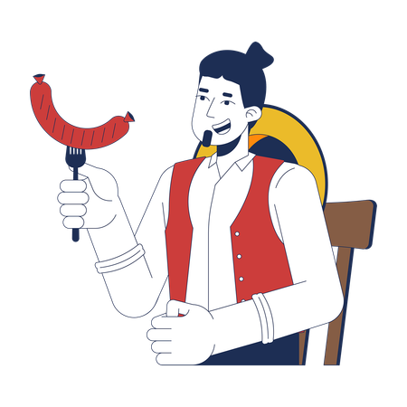 Joyful caucasian man eating grilled sausage  Illustration