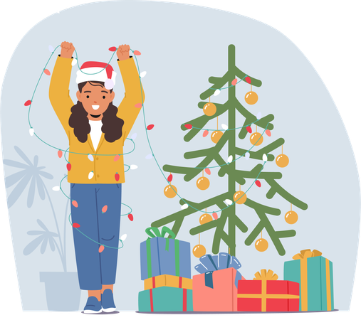 Joyful Child Adorns A Christmas Tree With Twinkling Lights And Colorful Ornaments  イラスト