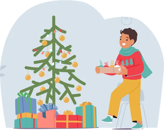 Joyful Child Boy Character Decorates The Christmas Tree  Illustration