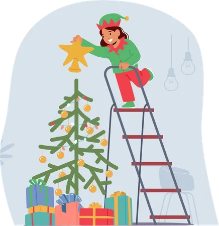 Joyful Child Adorned In Festive Attire Delicately Put Star On Top Of Christmas Tree With Colorful Ornaments And Twinkling Lights Kid Character Spreading Holiday Cheer Cartoon Vector Illustration Illustration
