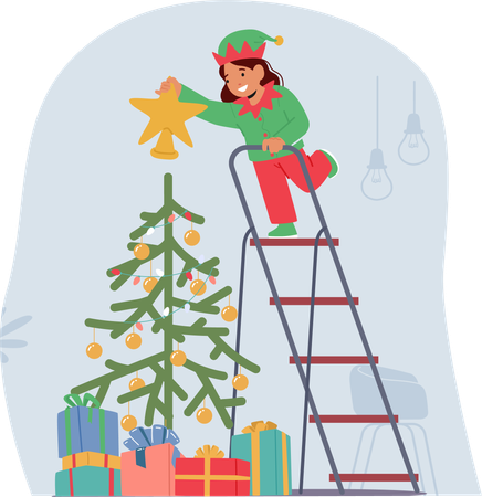 Joyful Child Delicately Put Star on Top of Christmas Tree  Illustration