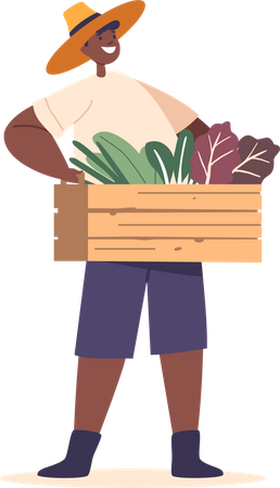 Joyful Child Farmer Holds A Box Brimming With Fresh Greens  Illustration